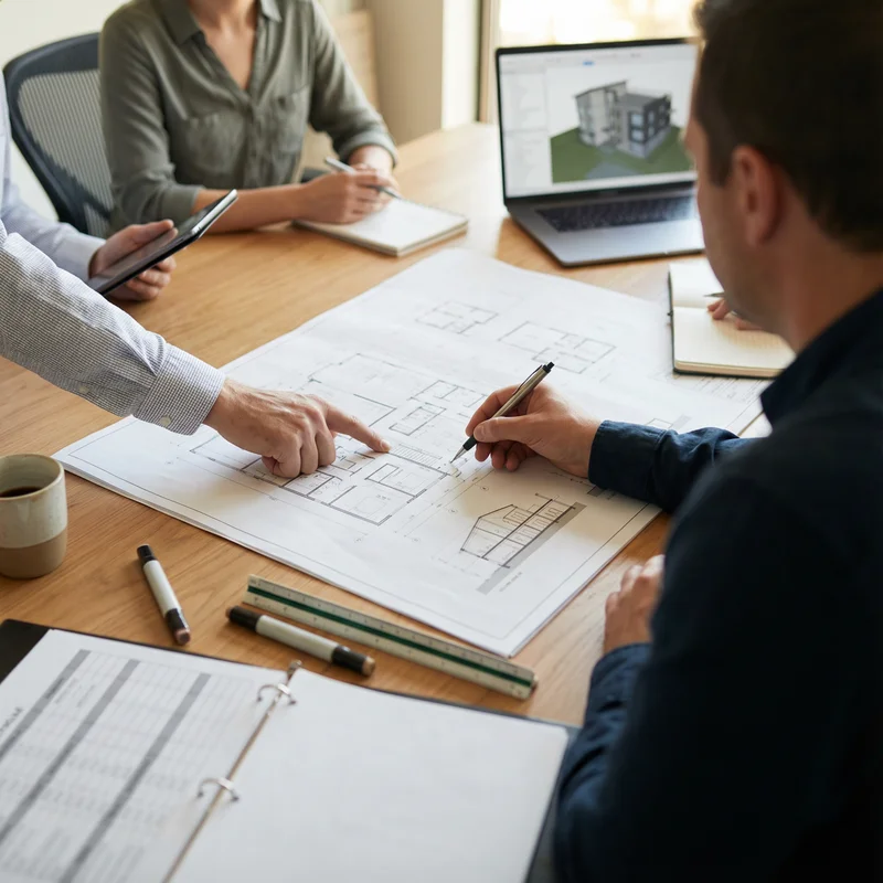 Generalplanung Zürich - Architekten arbeiten an Bauplänen mit 3D Modell